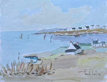 Fanch Lel; French Coastal Watercolour of Seaside Cottages and Sailboats, 1993