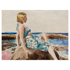 1930's French Impressionist Painting, Young Girl in Blue Dress Rocky Coast Sea, circa 1930s