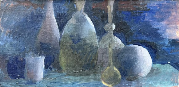 Bernadette Kelly; Modern French Oil Painting Still Life with Glass Bottles and Fruit in Blue Tones
