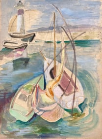 Anne Marie Migette Perard; Mid-20th Century Post-Impressionist Watercolour of Boats and Lighthouse