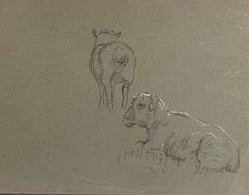 John Rabone Harvey; British Chalk Pencil Sketches of Two Sheep Standing and Lying on the Grass, 1966