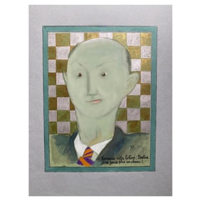 1960's French Portrait Bald Green Man Caricature, circa 1960s