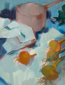 Roland Pichard; Original Oil Painting of Rustic Kitchen Scene with Copper Pot and Onions