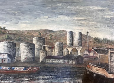 Jean Fourie; Oil Rig Center in a Grey Gloomy Atmosphere Landscape Oil Painting