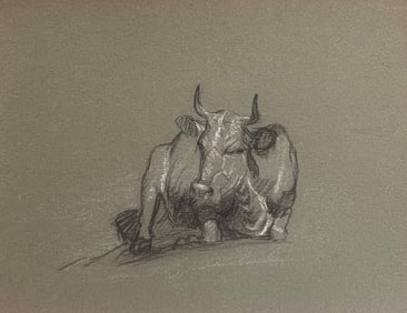 John Rabone Harvey; British Chalk Pencil Sketch of A Bull Lying Down, 1966