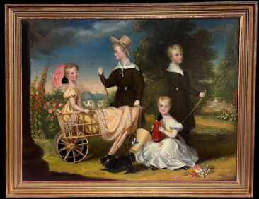 Huge 1800's British Oil Painting Family Portrait Dorset Country House Children