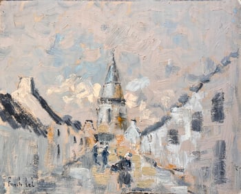 Fanch Lel; Impressionist Village Street Scene with Church Tower and Figures in Winter Light