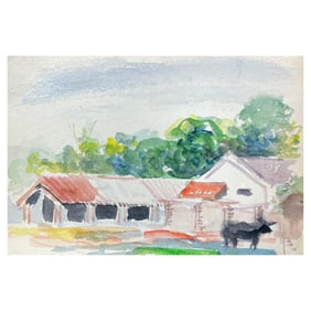 Akos Biro; Colourful Abstract, French Expressionist Original Painting Farm Buildings, circa 1980s