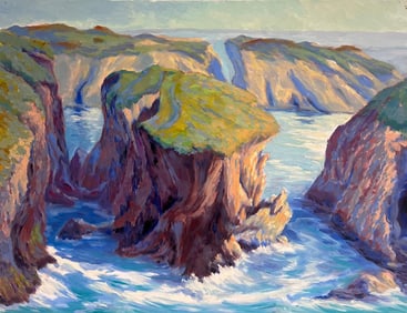 Georges Bordonove; Rugged Grassy Cliffs and Vibrant Blue Waters French Impressionist Oil Painting
