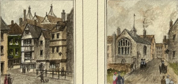 Jack Grunwell; Historic Miniature Watercolor of St Bartholomew 1620 and Three Kings Almshouses