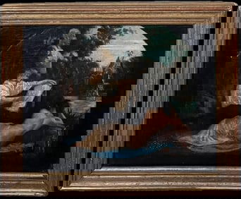 French 1800's; c. 1800's French Oil Artist Sketching Figure Model Classical Landscape Gardens