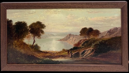 Charles Leslie; Fine Victorian Scottish Highlands Panoramic Loch Landscape with Figures Signed, 1883
