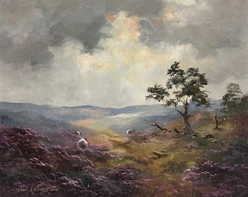 Lewis Creighton; Sheep on Blustery Yorkshire Moors Landscape English Impressionist Oil