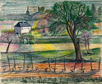 Guy Nicod; French Spring Landscape with Blossoming Trees Vineyard and Distant Village