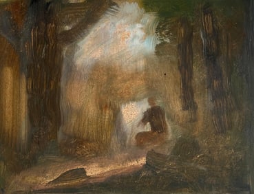 Robert Ladou; Figure Stood in Green Foggy Landscape Original French Artwork, 20th Century