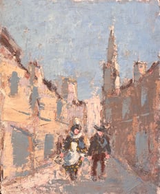 Fanch Lel; French Impressionist Street Scene with Figures in Traditional Dress