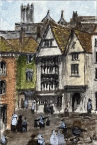 Jack Grunwell; Historic Miniature Watercolor of Christmas Steps and St Bartholomew’s Hospital