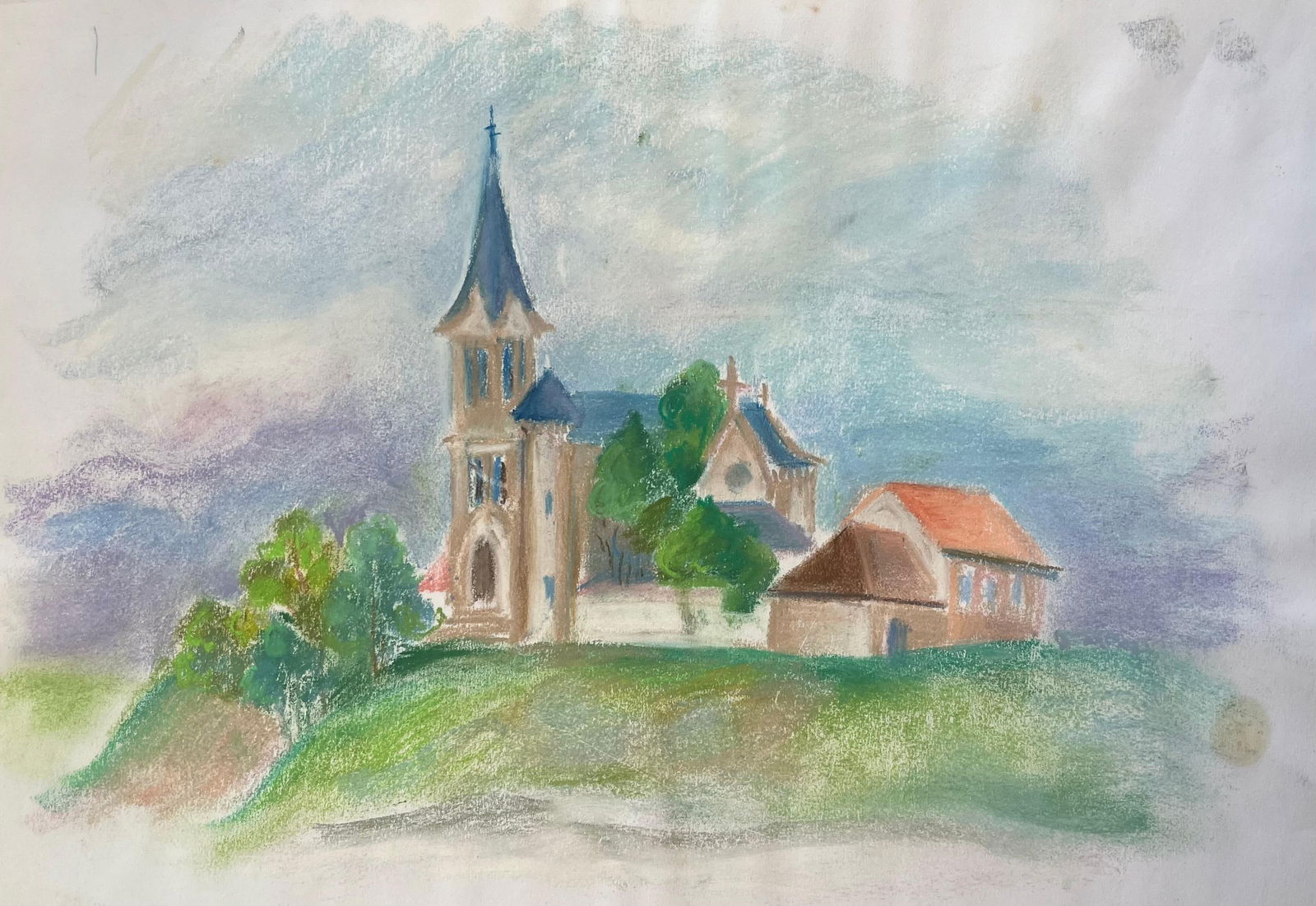 Anne Marie Migette Perard; Mid-20th Century Pastel of French Countryside Church with Bell Tower: Title: Mid-20th Century Pastel of Riverside Buildings and Arched Stone Bridge by Anne Marie Migette Perard (French 1902-1977) Medium: Pastel on unframed paper Size: 10.5 inches (height) x 14.5 inches