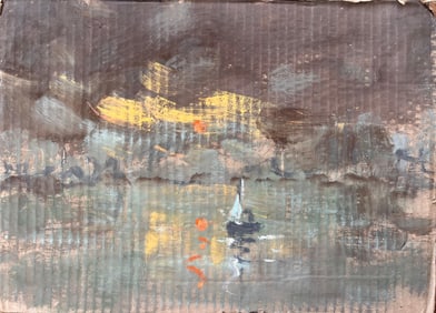 Fanch Lel; Moody Impressionist Night Scene with Sailboat and City Lights on Water