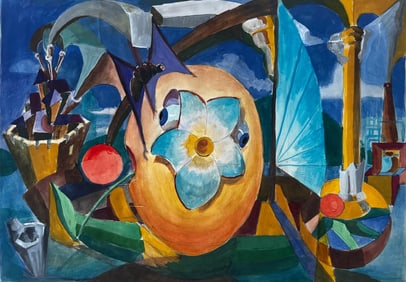 Guy Nicod; Cubist Surreal Still Life With Flower Fruit Basket And Architectural Columns