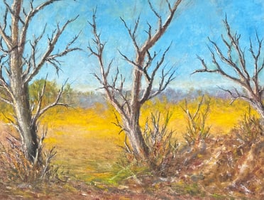 Jean Fourie; Bare Winter Trees In Golden Field Blue Sky Landscape Oil Painting