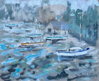 Fanch Lel; French Impressionist Oil Painting of Boats Moored in a Forested Estuary