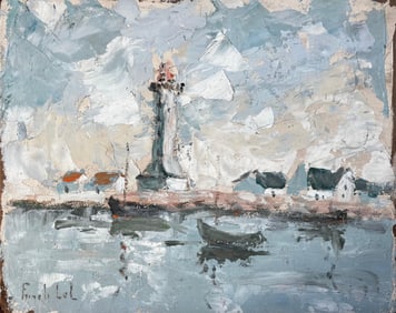 Fanch Lel; French Coastal Lighthouse Scene With Boats Cottages And Sky Oil Painting