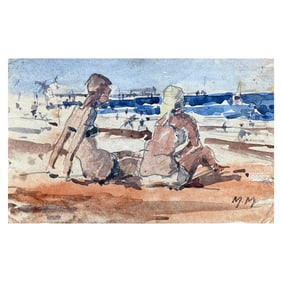 Maurice Mazeilie, French Impressionist Watercolour, Sunbathing Woman, 20th Century