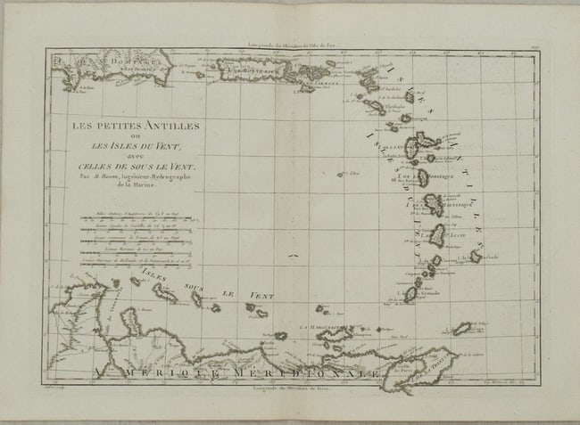 1787 Bonne Map of Much of the Caribbean -- Les Petites Antilles ou les Isles du Vent, avec celles de: DescriptionTitle:1787 Bonne Map of Much of the Caribbean -- Les Petites Antilles ou les Isles du Vent, avec celles de sous le VentCartographer:R BonneYear/Place:1787, ParisMap Dimension (in.):9.2 X 13