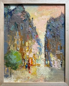 Abstract Oil painting with frame Evening City K. Leonid