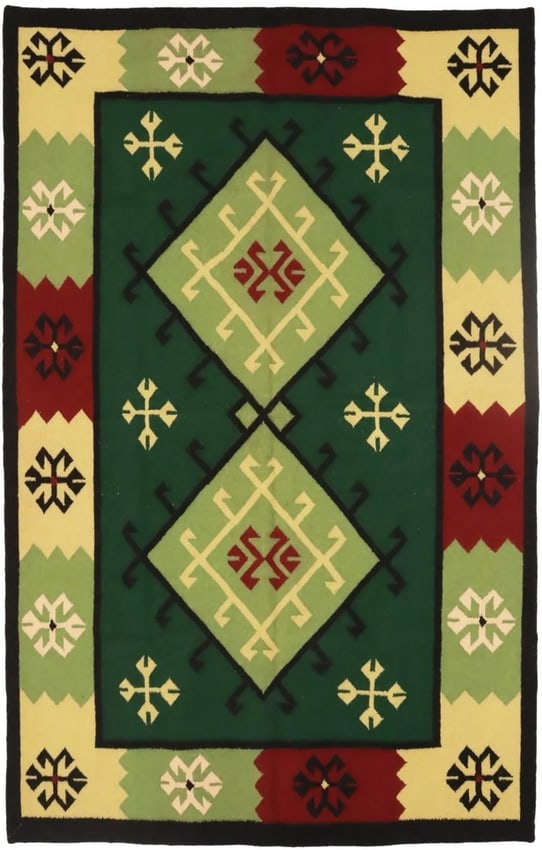 Green Geometric Dhurrie 5'5X8'4 Indian Oriental Rug: Title: Green Geometric Dhurrie 5'5X8'4 Indian Oriental RugDescription:Hand-Woven 5'5X8'4 green Oriental Persian rug made with vegetable dyes (fine wool pile and cotton foundation), superior knot count