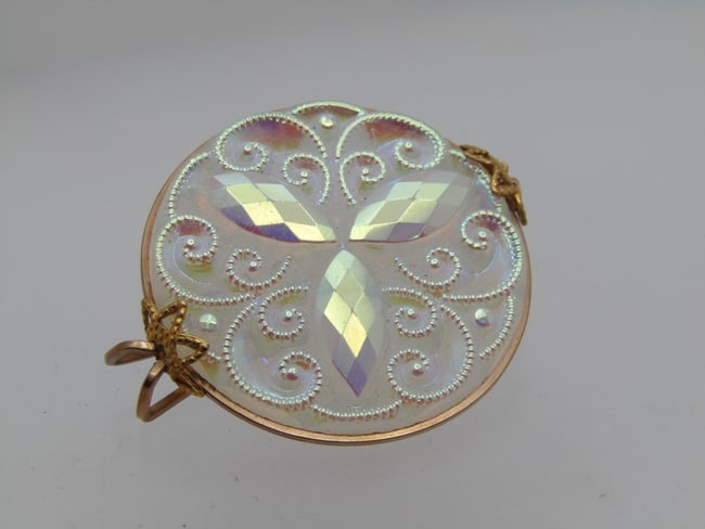Vintage Castlecliff Single Iridescent Earring, Slide Earrings, 1950's-1960's: Vintage Castlecliff Single Iridescent Earring, Slide Earrings, 1950's-1960's. Round with a frosted white and raised scrolled design and three faceted marquise iridescent accents top center. It is appx