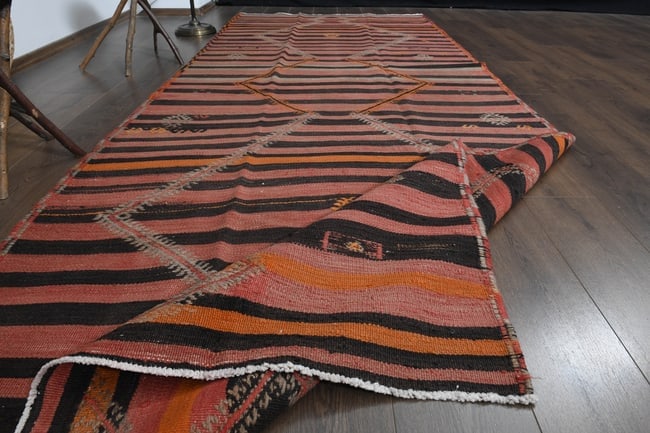 4'6x11'6 ft, STRIPED TURKISH RUNNER: DescriptionTitle: 4'6x11'6 ft, STRIPED TURKISH RUNNEROrigin: TurkeyDate/Period: 1960 - 1970Materials: Wool and CottonSize: Width: 4.6 feetLength: 11.6 feetDescription: This Turkish one-of-a-kind Vinta