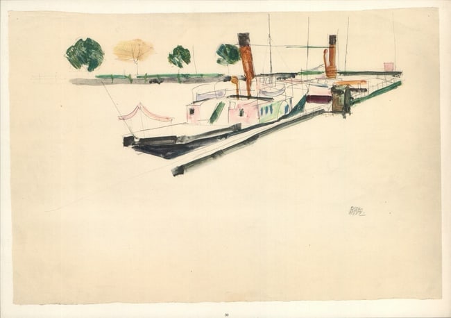 Egon Schiele Lithograph 30 Paddle steamer 1968: Artist:Egon SchieleCountry:AustriaTitle:Paddle steamerMedium:Lithograph - 30Marks:Signed in platePrinted:1968 by Max Jaffe, Vienna AustriaPaper:Heavy paper 20 x 14 inchProvenance:Egon Schiele Portfoli
