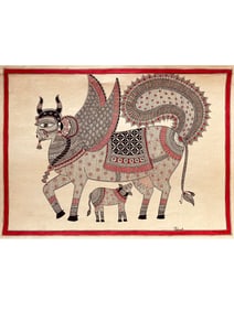 Goddess Kamdhenu And Calf | Waterproof Ink On Handmade Paper | By Priti Dalwadi