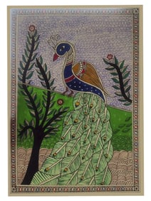 Beautiful Madhubani Painting Of Peacock | Watercolor On Canvas Sheet | By Krishna Joshi