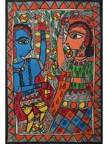 A Timeless Romance: Lord Krishna and Radha in Madhubani Art  This exquisite Madhubani painting