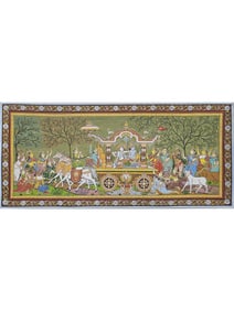 A Glimpse into the Realm of Gods and Kings  This exquisite Pattachitra painting transports you to a