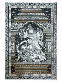 A Divine Tapestry: Lord Ganesha with Shiva and Parvati  This exquisite Pattachitra painting captures