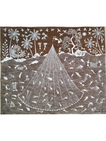 A Vibrant Depiction of Holi: A Warli Masterpiece  This captivating Warli painting by the acclaimed