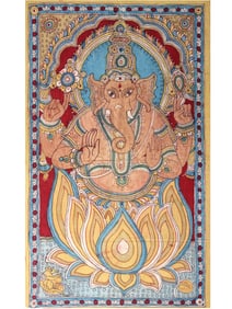 Chaturbhuja Ganesha Seated on Lotus | Kalamkari Painting