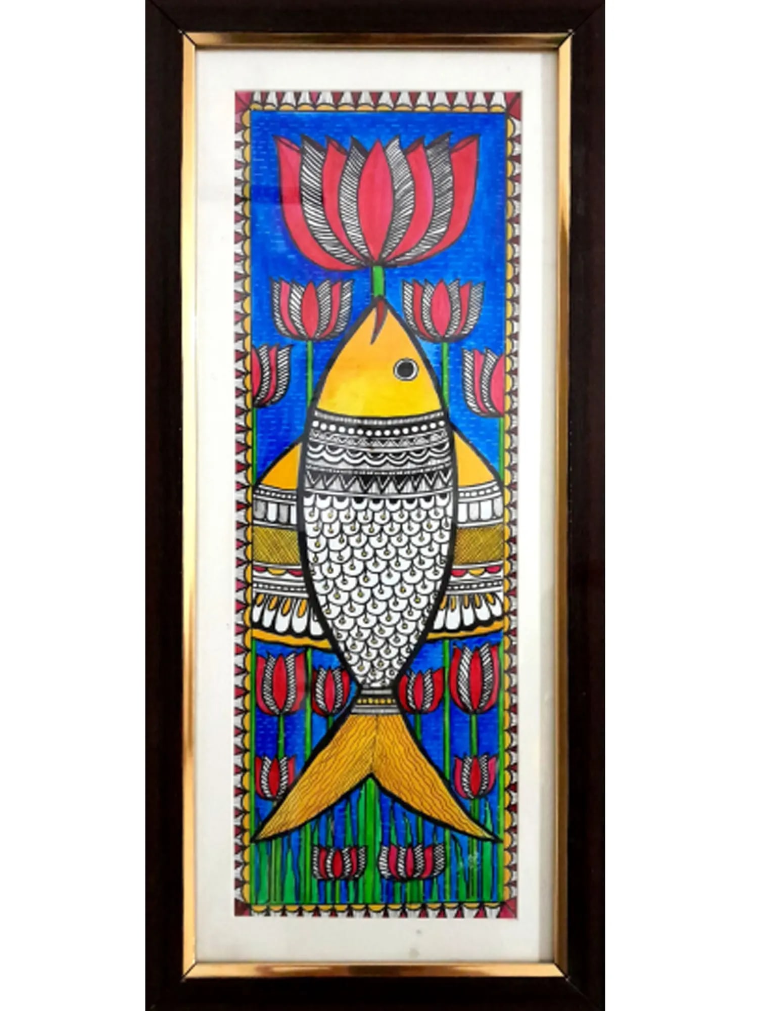 A Kaleidoscope of Life: Unveiling the Madhubani Fish Cycle This breathtaking Madhubani painting,: Specifications DDK068 Artist Neena Kumari Handmade paper 19.6 Inch Height X 8.6 Inch Width Reserve: $49.50 Shipping: Domestic: Shipping rates are determined by destination International: