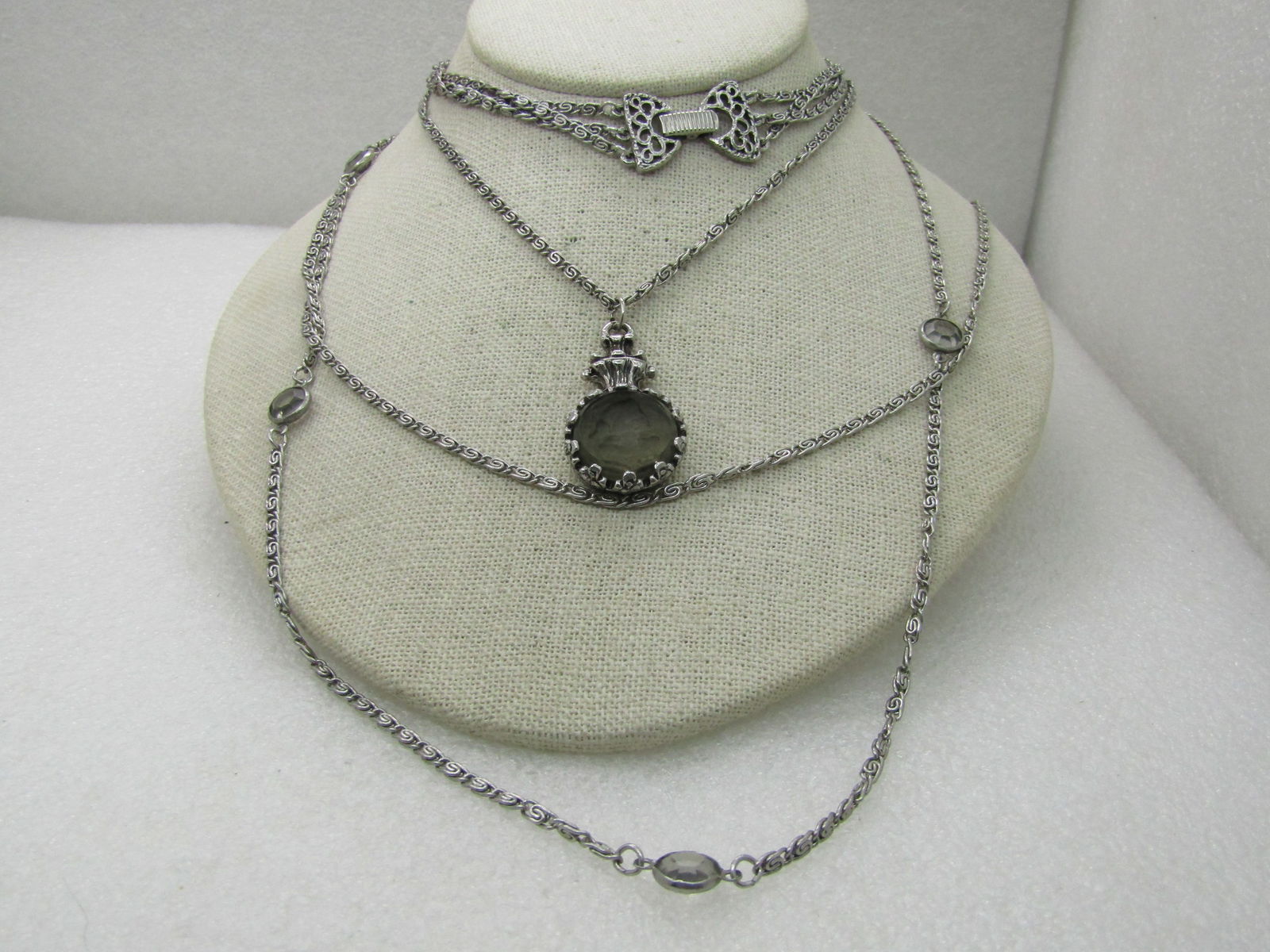 Vintage Triple Strand Smoky Intaglio Necklace, Signed Goldette NY, 1960's (1 of 7)