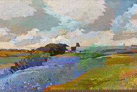 Prokopov Joseph (Ukrainian artist), "Above a river", oil on canvas: ARTIST: Prokopov Joseph Fedorovich, Ukrainian artist TITLE: "Above a river" SIZE: 100 x 149 cm, (39 1/4 x 58 3/4 in.) MEDIUM: oil on canvas YEAR OF CREATION: not dated CONDITION: The painting is in go