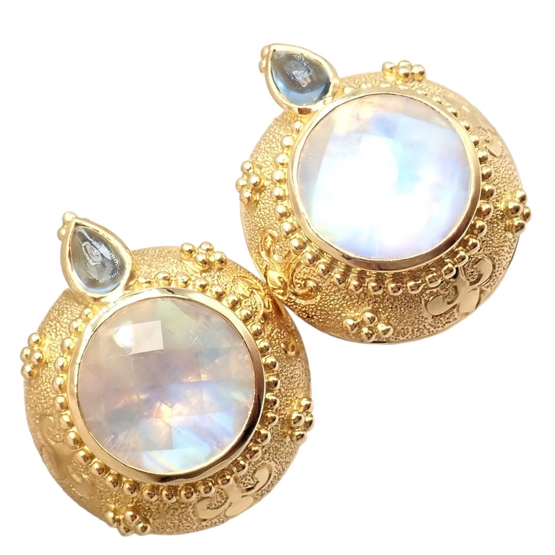 Rare! Vintage Paula Crevoshay 18k Gold Aquamarine Moonstone Round Earrings OOAK: Rare! Vintage Paula Crevoshay 18k Gold Aquamarine Moonstone Round Earrings OOAK Rare! Vintage Paula Crevoshay 18k Gold Aquamarine Moonstone Round Earrings OOAK Product Description About This Piece: Th