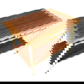 Lane Acclaim Walnut and Ash Inlay Side Table Designed by Andre Bus: Mid-Century walnut two-tier side table with walnut and ash inlay designed by Andre Bus for Lane in 1958. Reserve: $960.00 Shipping: Domestic: Shipping rates are determined by destination In