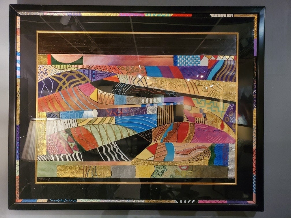 Vintage "Golden Meadow" Multimedia Textured Abstract Wall Art: Vintage from before 2000 Materials: canvas, paint Width: 61 inches Height: 49 inches Depth: 3 inches Vintage "Golden Meadow" Multimedia Textured Abstract Wall Art This framed piece depicts an abstract