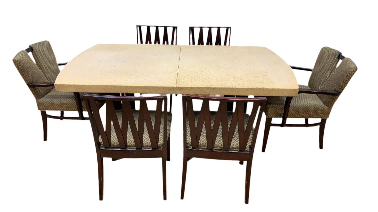 Art Deco Paul Frankl for Johnson Furniture Mahogany & Cork Dining Set - 9 Piece Set: Vintage from before 2000 Art Deco Paul Frankl for Johnson Furniture Mahogany & Cork Dining Set - 9 Piece Set A wonderful dining table comprising a rectangular cork top with 2 leaves with curved en