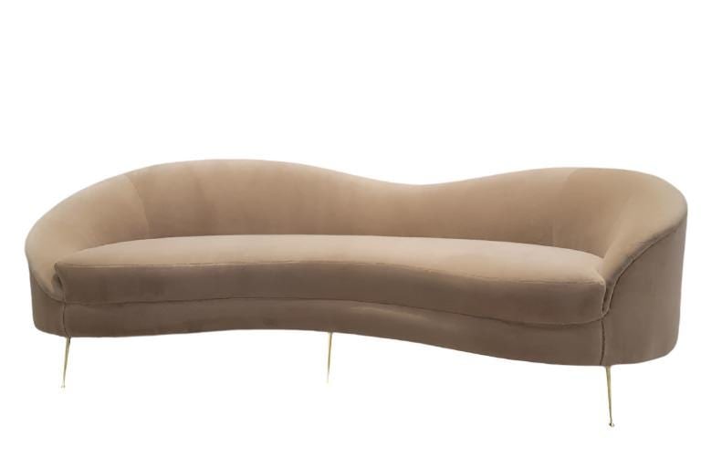 Mid Century Modern Bruno Munari Style Curved Sofa Newly Upholstered in Mohair Velvet: Vintage from before 2000 Vintage Mid Century Modern Bruno Munari Style Curved Italian Sofa on Brushed Brass Legs Newly Upholstered in Italian Plush Camel Mohair Velvet This exquisite vintage mid centu