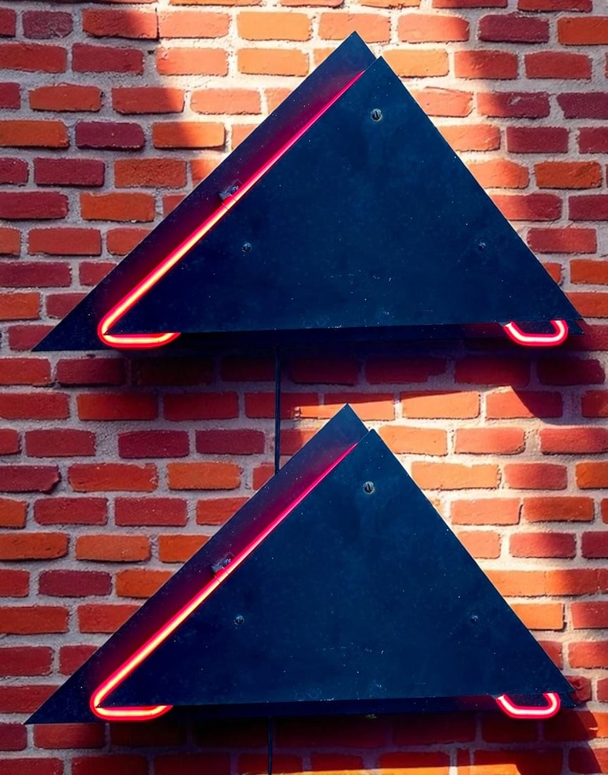 Postmodern Rudi Stern Sculpture & Torchiere Wall Sconce Let There Be Neon - Pair: Vintage from before 2000 Materials: Metal Postmodern Rudi Stern Sculpture & Torchiere Wall Sconce “Let There Be Neon” - Pair Postmodern Rudi Stern Neon Aluminum Sculpture and Torchiere Wal